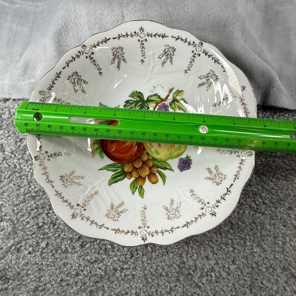 Vintage Porcelain Fruit Motif Decorative Shallow Bowl Scalloped Edge Gold Trim - Picture 5 of 16